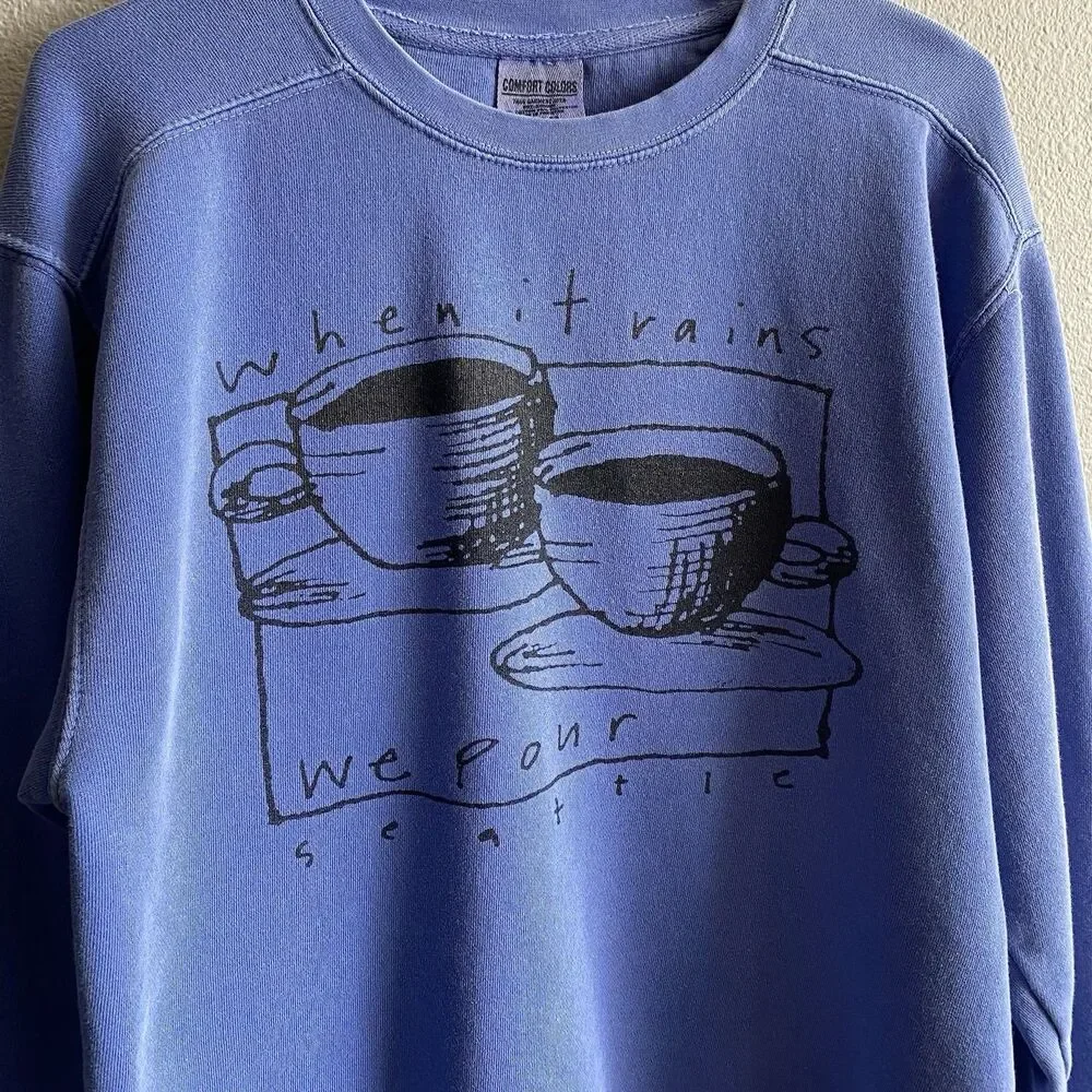 Seattle “when It Rains We Pour” Unisex Crewneck Sweatshirt Blue Size Medium